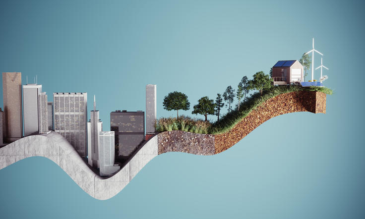 Urban skyline transitioning into greenery with trees, ending at a small house and wind turbine on a grassy hill.