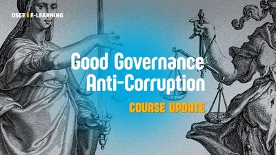 Statues of Justice with scales and sword, text stating "Good Governance Anti-Corruption Course Update" on blue background.