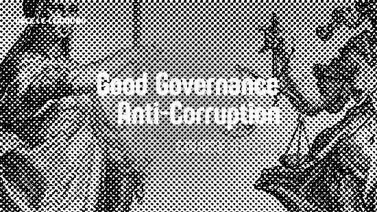 Statues of Justice with scales and sword, text stating "Good Governance Anti-Corruption Course Update" on blue background.